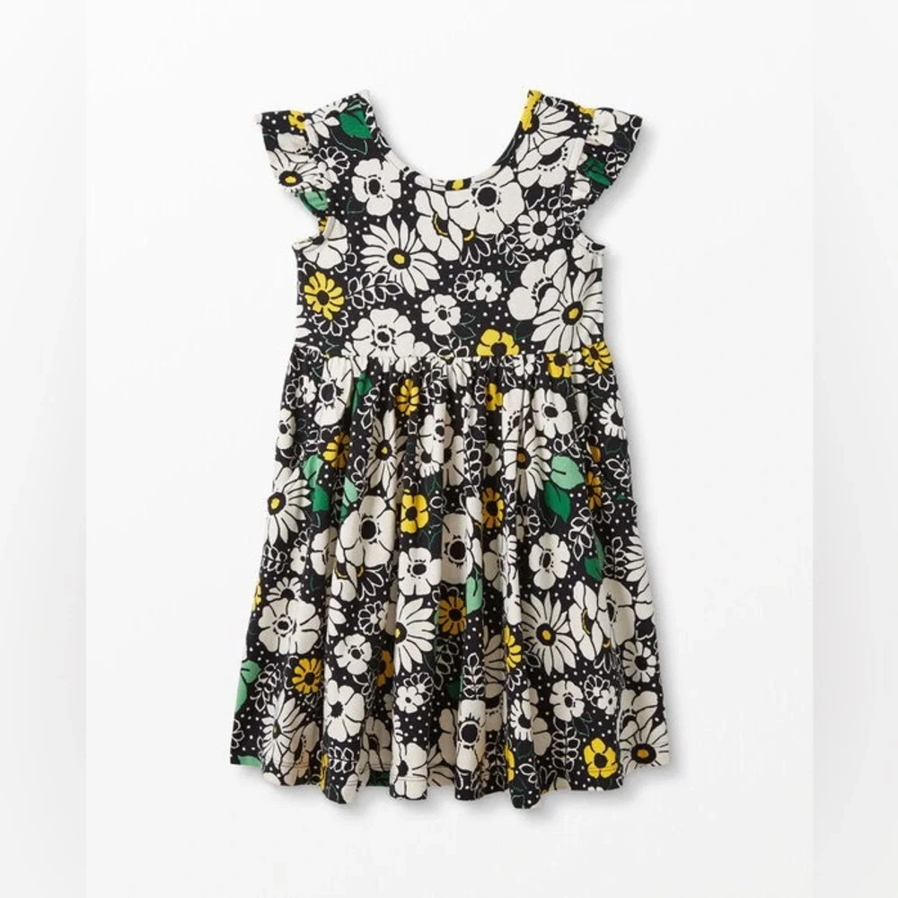 HANNA ANDERSSON Ruffle Sleeve Skater Dress in Black Floral Twirl Size 130 US 8